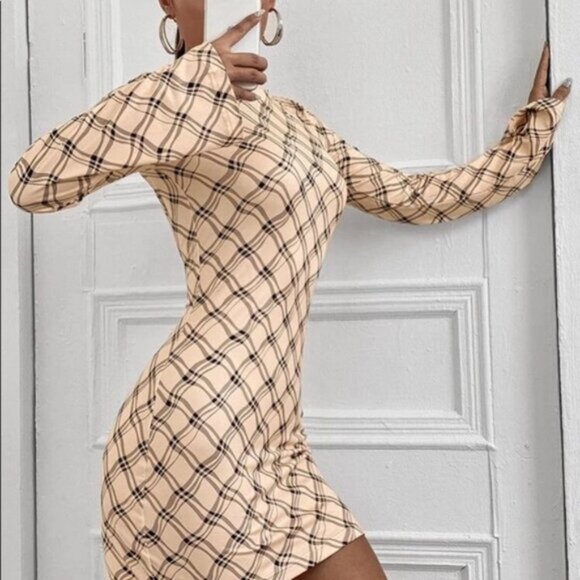 NWOT Plaid tartan Retro Dress in Beige - Picture 2 of 11